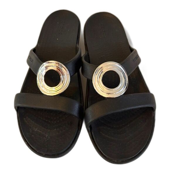 CROCS Shoes - Crocs Sanrah Beveled Circle Sandals Black Silver Slide Size 10
